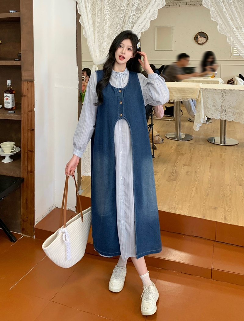 Large yard smock stripe shirt 2pcs set for women