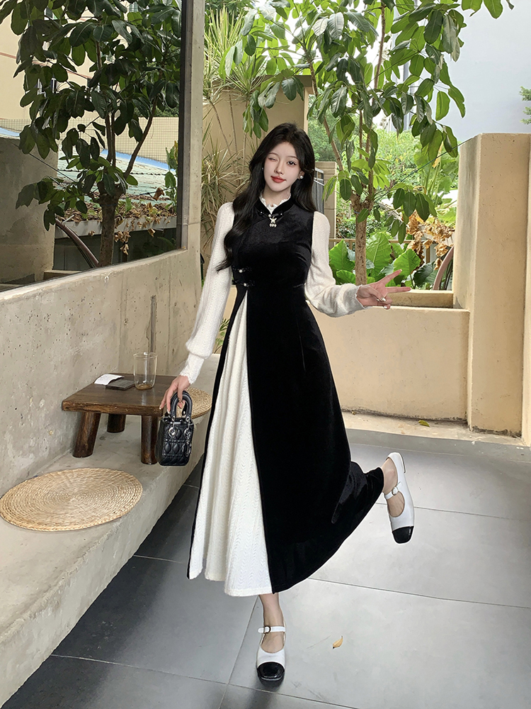 Pseudo-two autumn and winter large yard dress for women