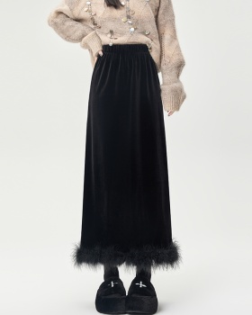 Straight velvet split black long skirt for women