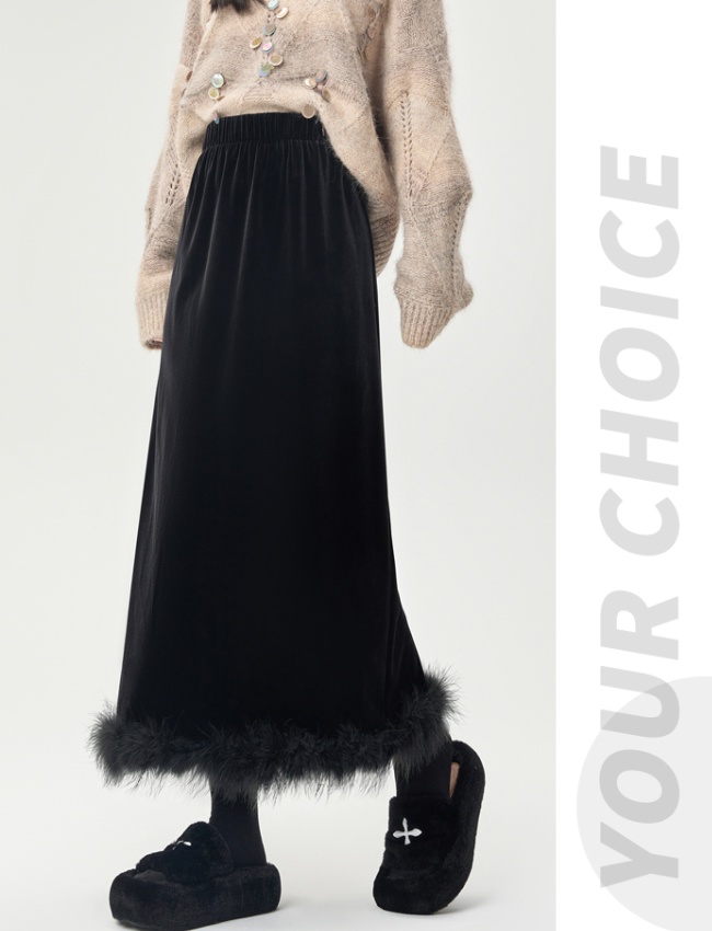 Straight velvet split black long skirt for women