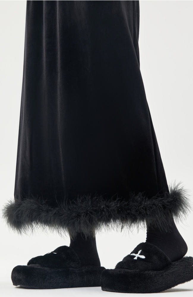 Straight velvet split black long skirt for women