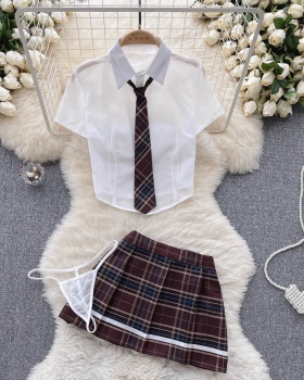 Plaid short sleeve short skirt niche shirt a set for women