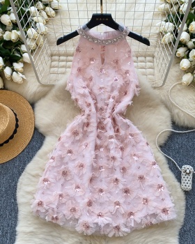 A-line flowers sequins sleeveless pinched waist dress for women