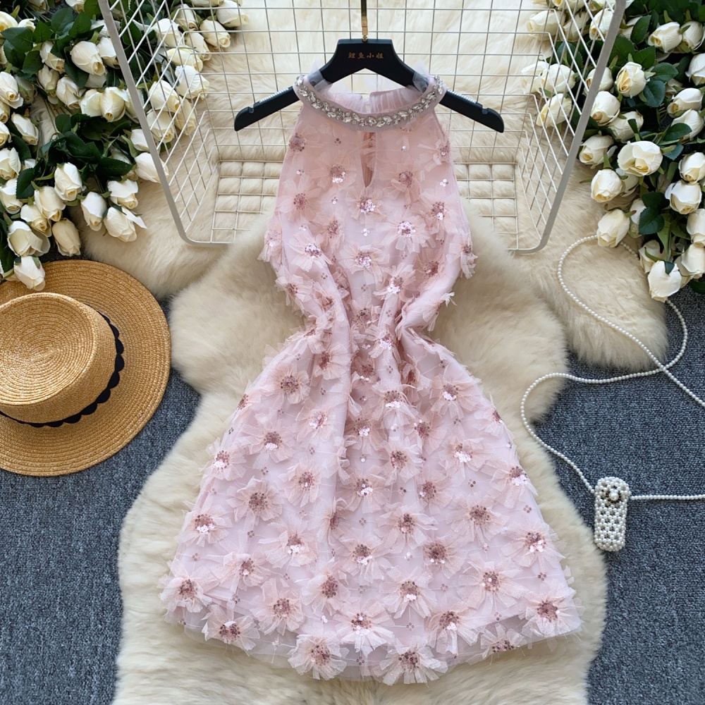 A-line flowers sequins sleeveless pinched waist dress for women