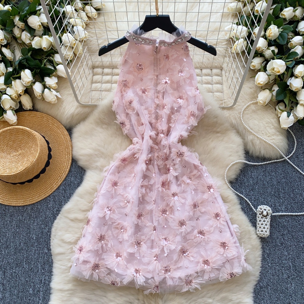 A-line flowers sequins sleeveless pinched waist dress for women