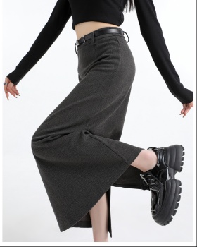 Woolen split high waist straight long skirt for women