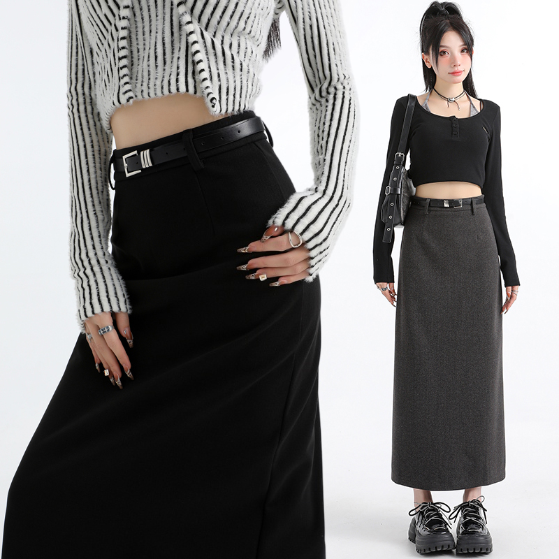 Woolen split high waist straight long skirt for women