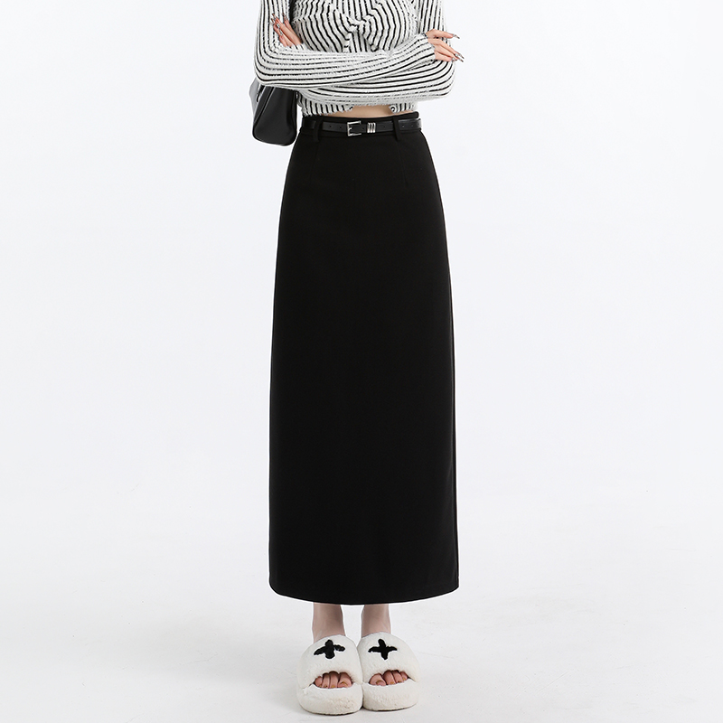 Woolen split high waist straight long skirt for women