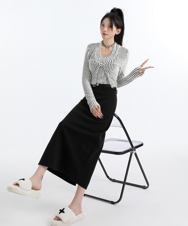 Woolen split high waist straight long skirt for women