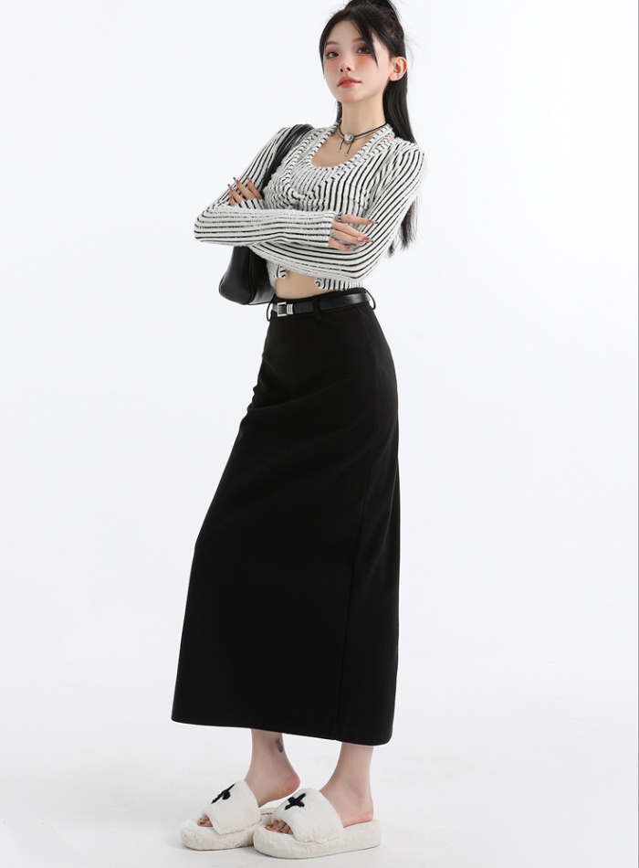 Woolen split high waist straight long skirt for women