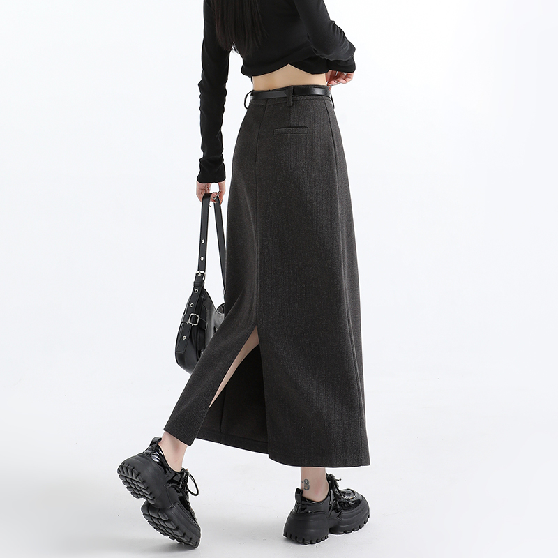 Woolen split high waist straight long skirt for women