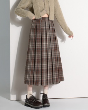 Long plaid retro woolen A-line pleated skirt for women