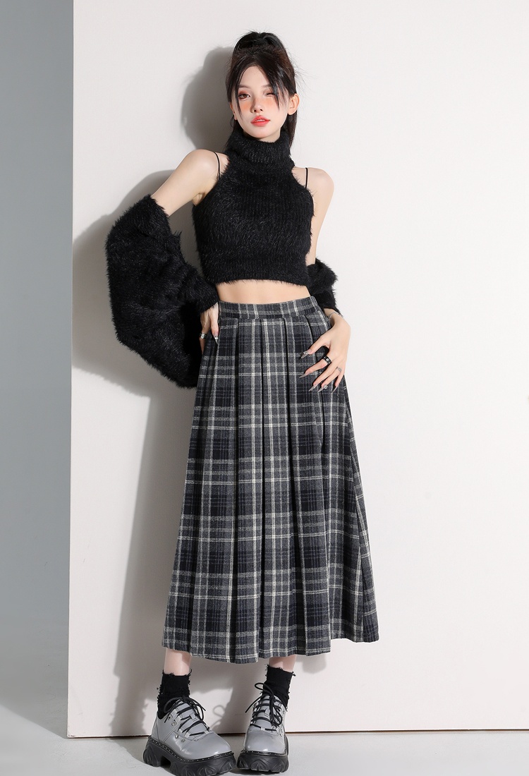 Long plaid retro woolen A-line pleated skirt for women