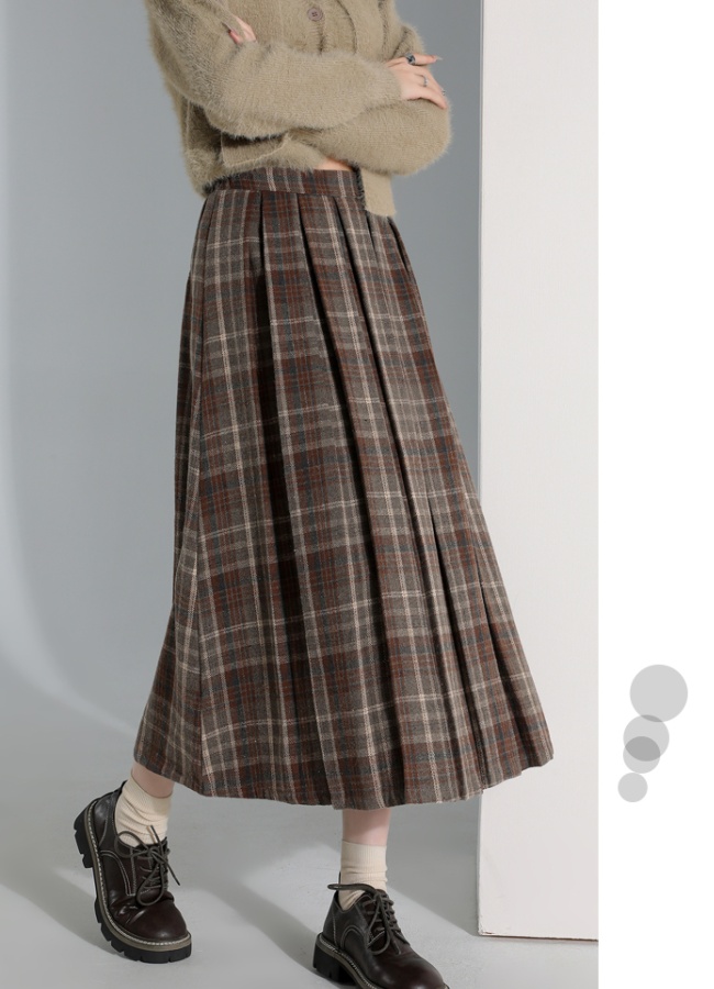 Long plaid retro woolen A-line pleated skirt for women