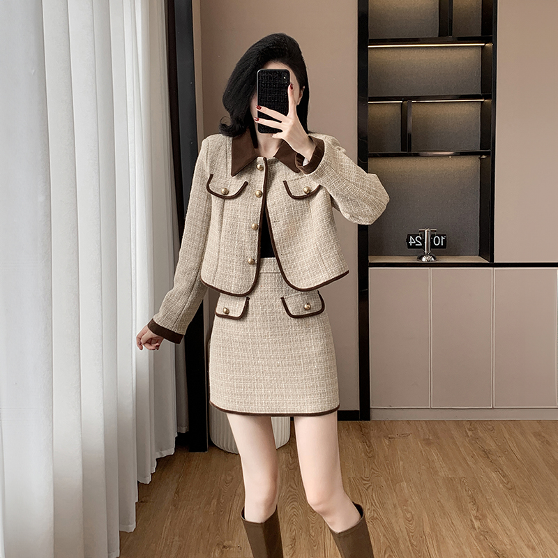 Lapel temperament skirt autumn and winter coat a set