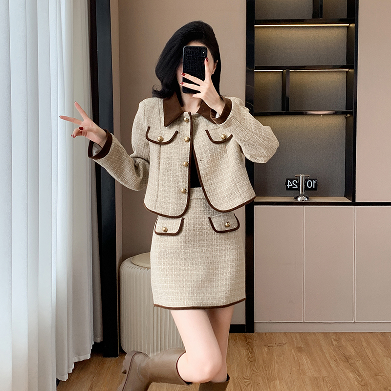 Lapel temperament skirt autumn and winter coat a set