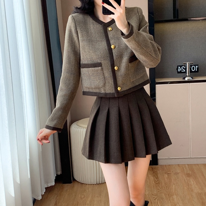 Ladies temperament coat lady pleated skirt 2pcs set