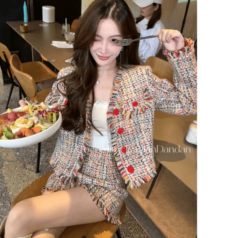 Chanelstyle coat rainbow shorts 2pcs set