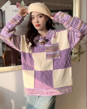 Lazy retro splice mixed colors plaid sweater for women