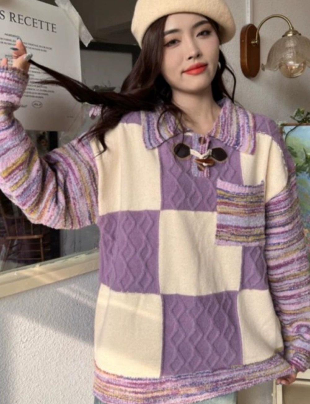 Lazy retro splice mixed colors plaid sweater for women