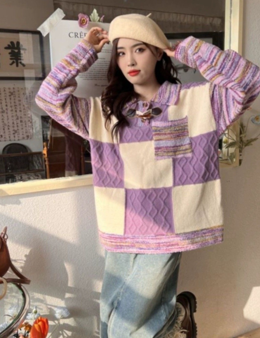 Lazy retro splice mixed colors plaid sweater for women