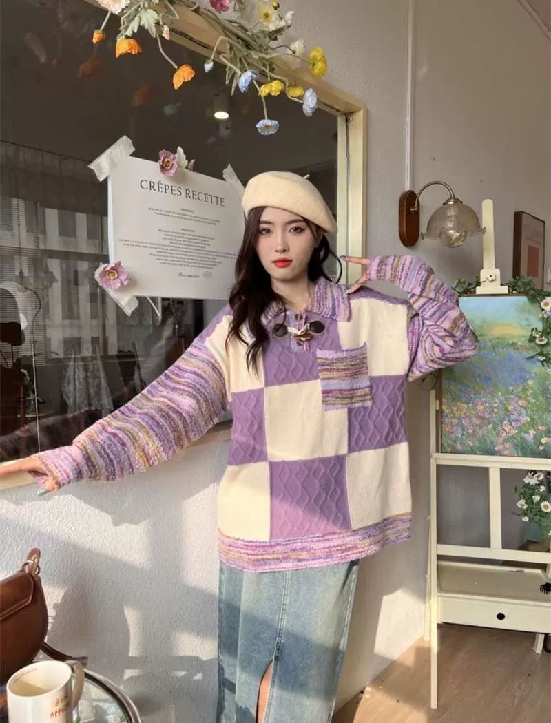 Lazy retro splice mixed colors plaid sweater for women