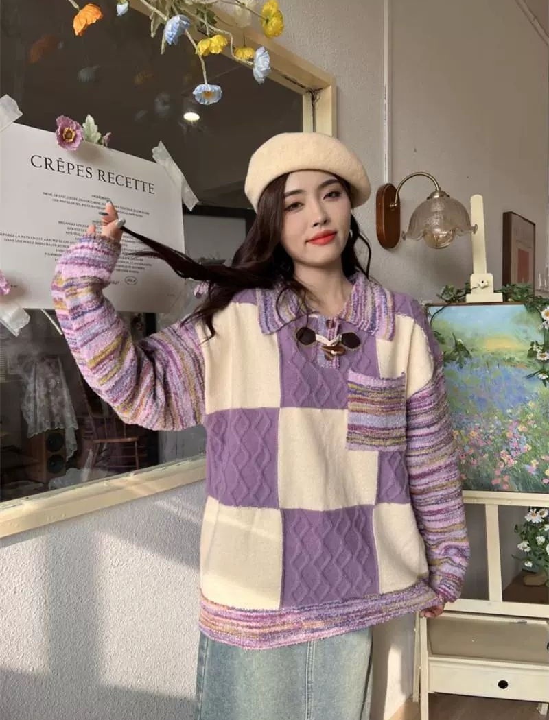 Lazy retro splice mixed colors plaid sweater for women