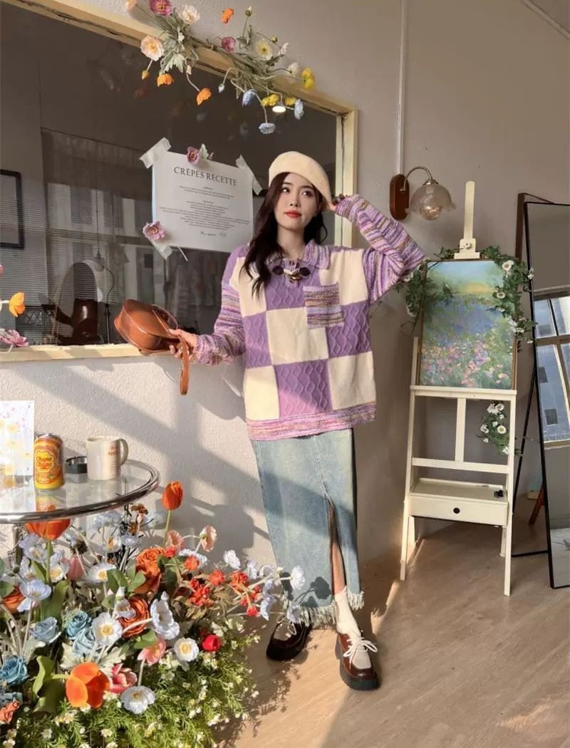 Lazy retro splice mixed colors plaid sweater for women