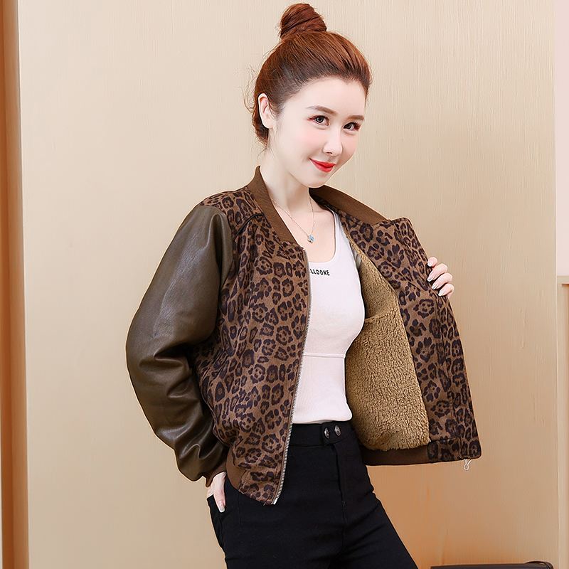 Western style plus velvet jacket loose leopard coat