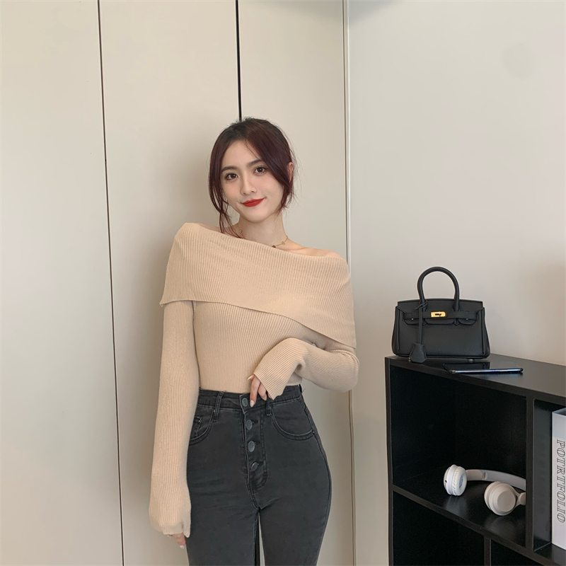 Sexy knitted flat shoulder all-match pure tops for women