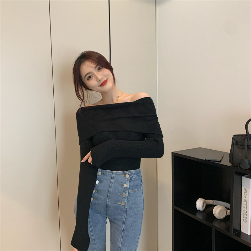 Sexy knitted flat shoulder all-match pure tops for women