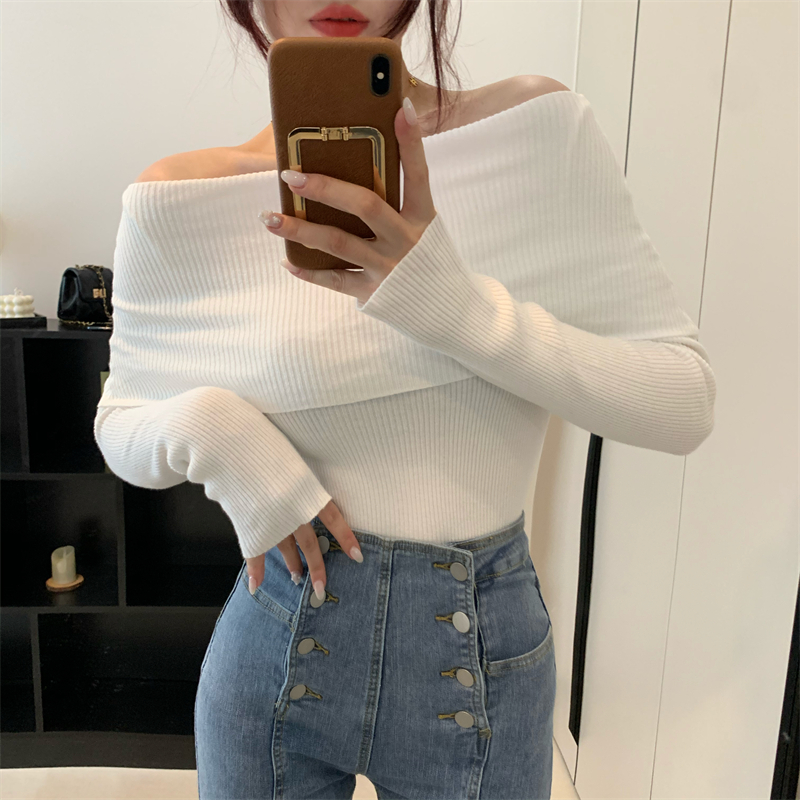 Sexy knitted flat shoulder all-match pure tops for women