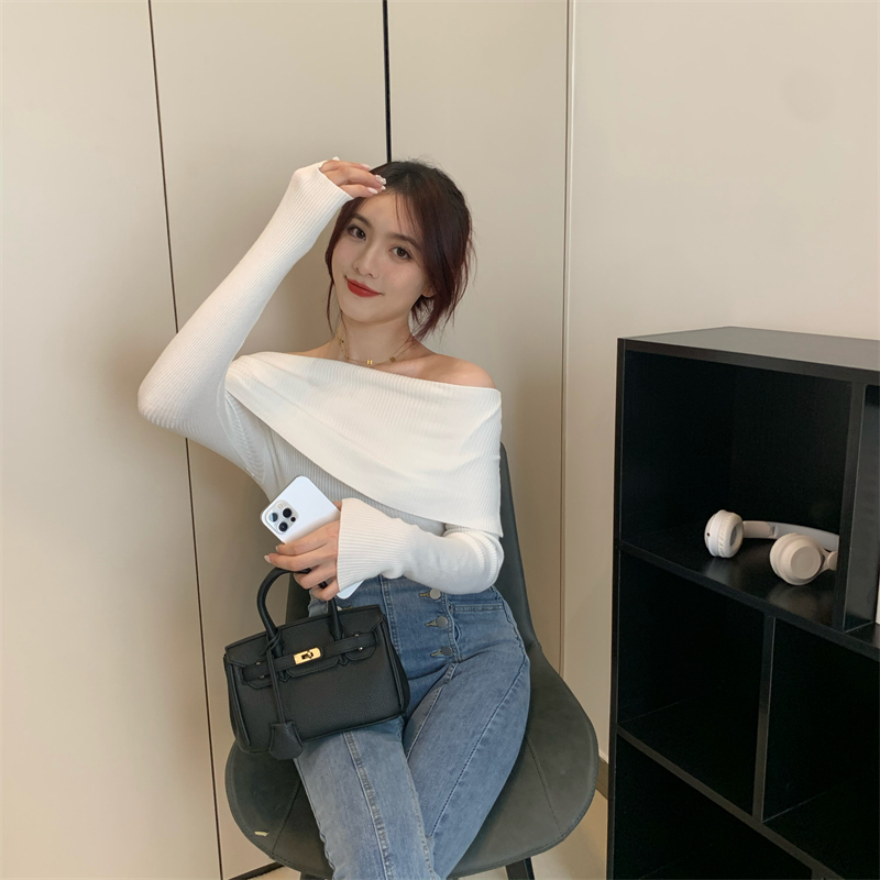 Sexy knitted flat shoulder all-match pure tops for women