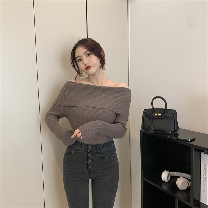 Sexy knitted flat shoulder all-match pure tops for women