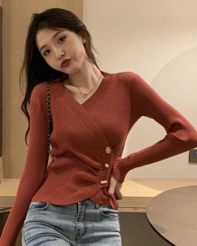 Long sleeve autumn V-neck sweater retro irregular slim tops