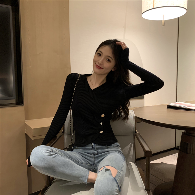 Long sleeve autumn V-neck sweater retro irregular slim tops