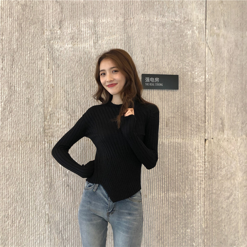 Pit stripe pure bottoming shirt slim sweater for women