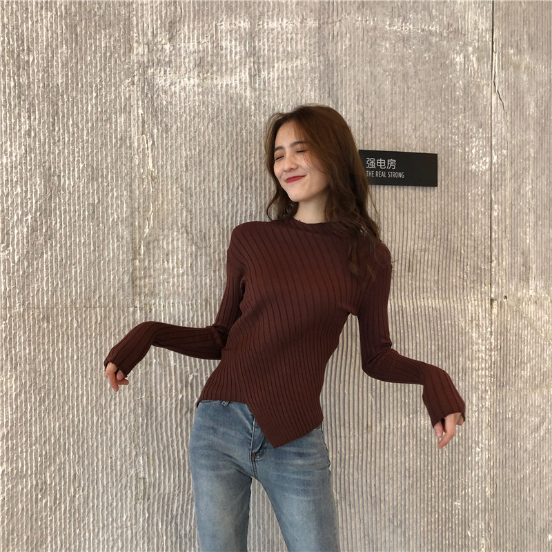 Pit stripe pure bottoming shirt slim sweater for women