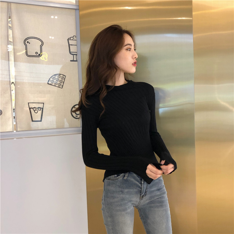 Pit stripe pure bottoming shirt slim sweater for women