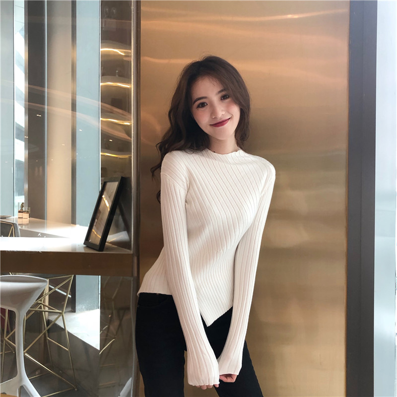 Pit stripe pure bottoming shirt slim sweater for women