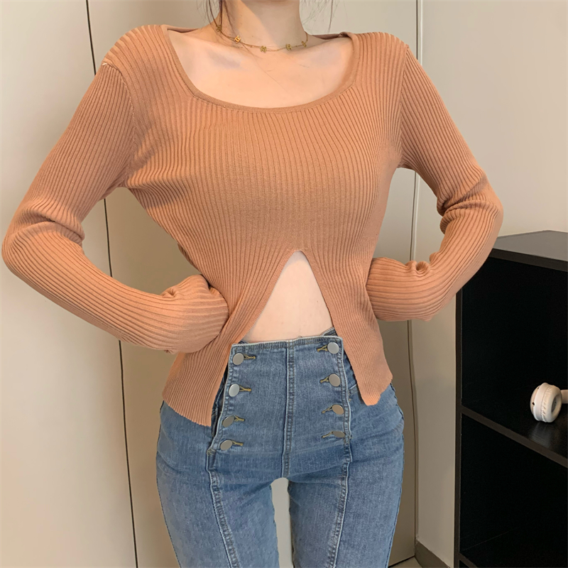 Knitted autumn bottoming shirt irregular split tops