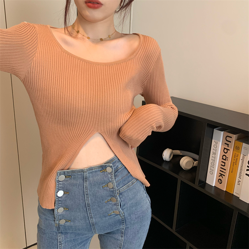 Knitted autumn bottoming shirt irregular split tops