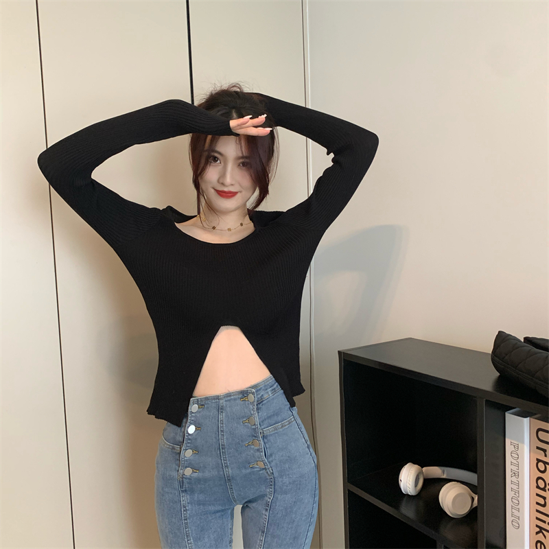 Knitted autumn bottoming shirt irregular split tops