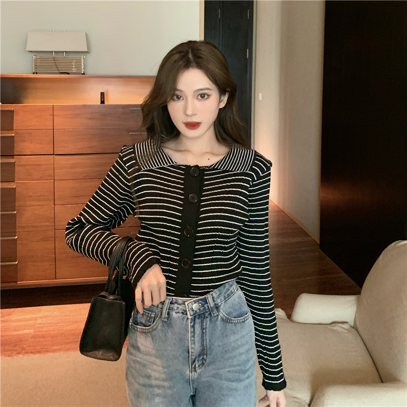 Slim long sleeve all-match stripe single-breasted tops