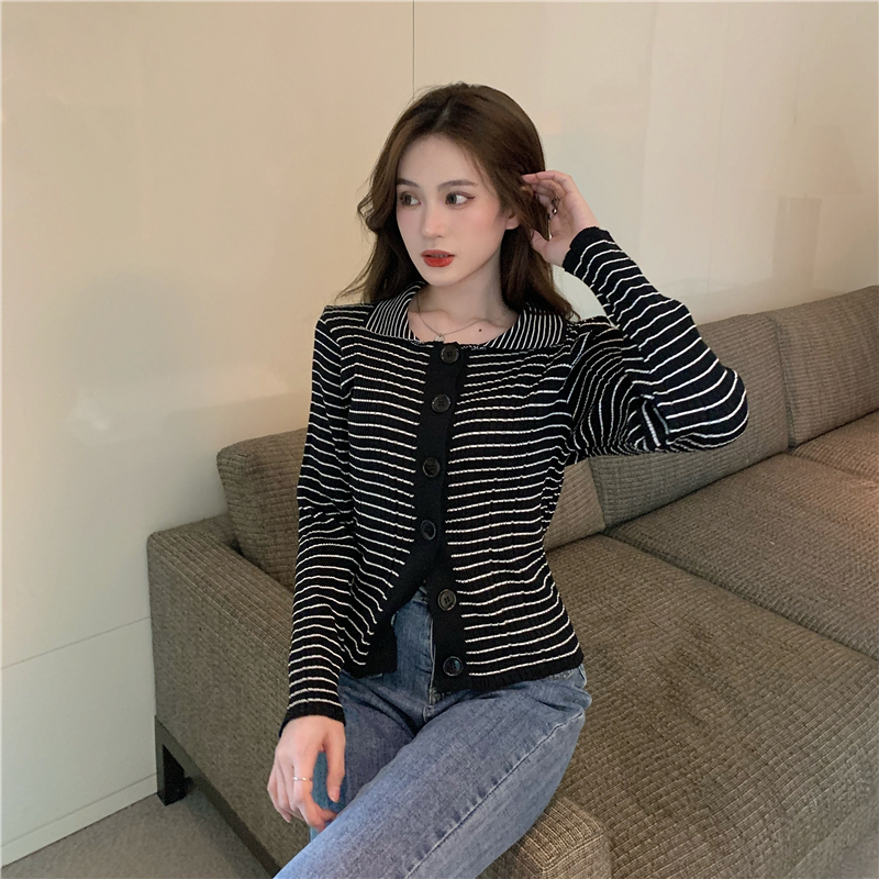 Slim long sleeve all-match stripe single-breasted tops