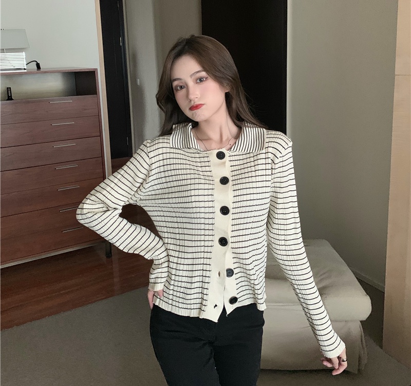 Slim long sleeve all-match stripe single-breasted tops