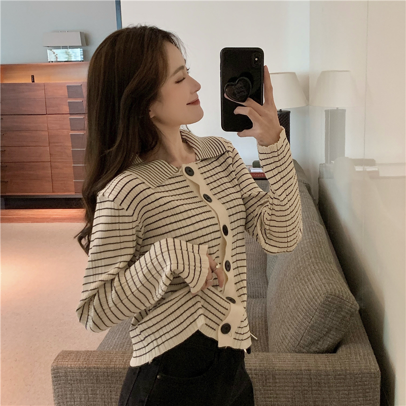 Slim long sleeve all-match stripe single-breasted tops