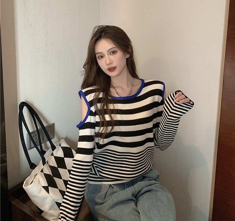 Autumn strapless long sleeve round neck stripe tops for women