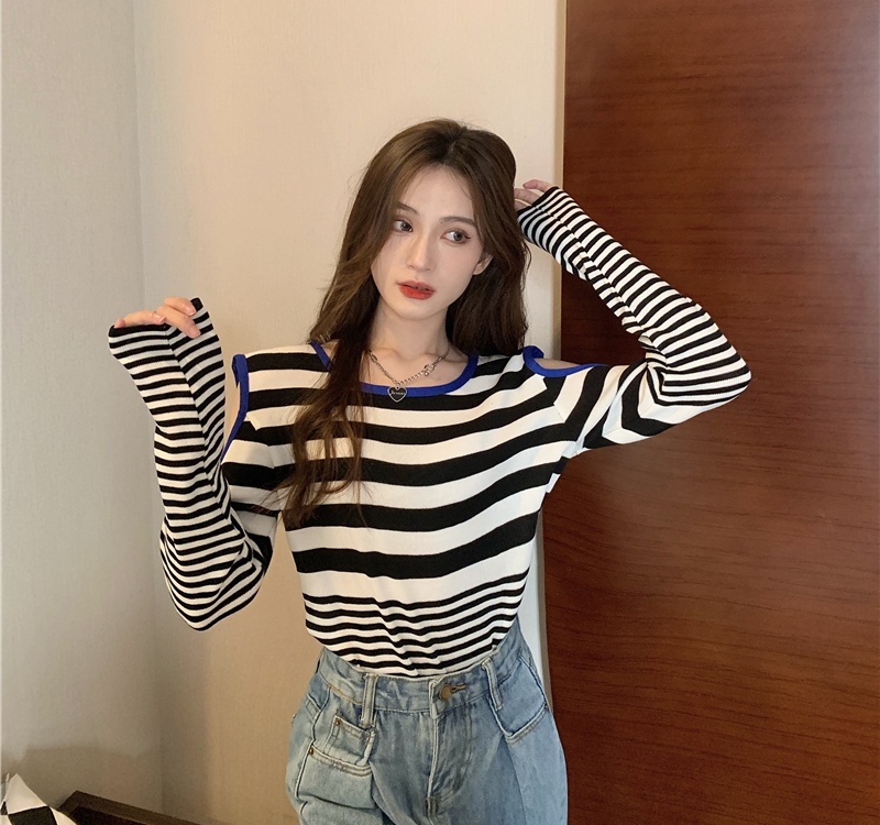 Autumn strapless long sleeve round neck stripe tops for women