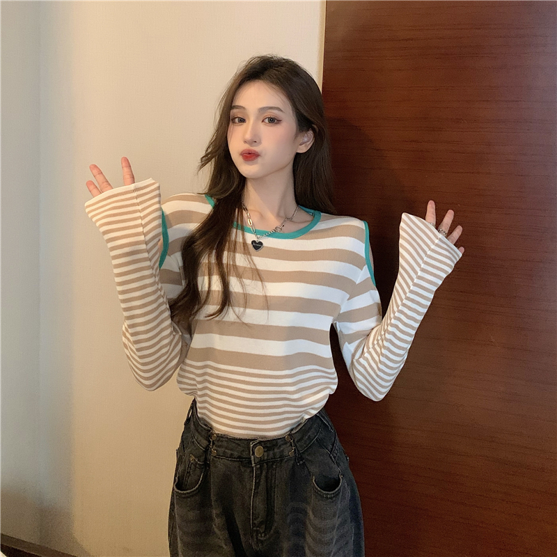 Autumn strapless long sleeve round neck stripe tops for women